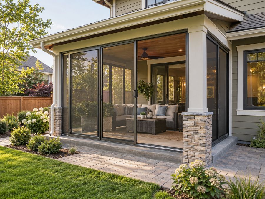Covered patio with stone columns, dark sliding glass panels and a wood plank ceiling