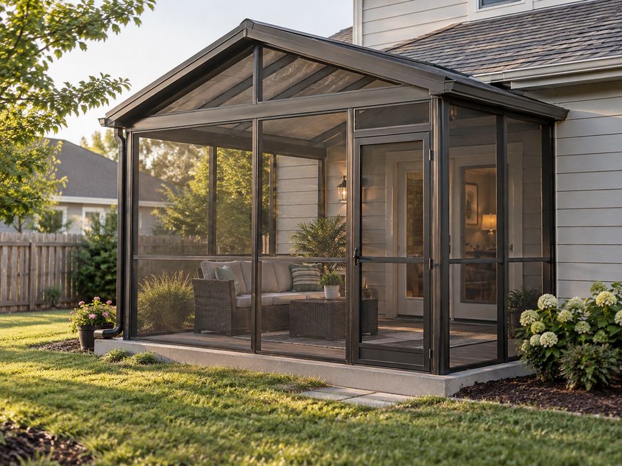 Bronze-framed screen room with a gabled roof and wicker seating