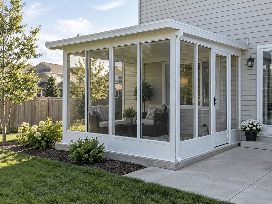 White-framed three-season room with full-height glass on a concrete slab